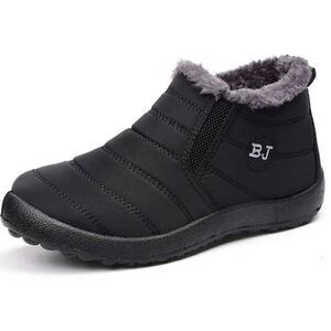 BJ Black Quilted Faux Fur Lined Soft Sole Flat Ankle Waterproof Slipper Shoes